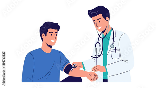 Medical Checkup: A doctor, stethoscope in hand, measures a patient's blood pressure, promoting health and wellness.