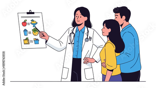 Nutrition Plan Consultation: A healthcare professional guides a couple through a personalized nutrition plan, pointing to a diagram illustrating balanced diet and promoting well-being.