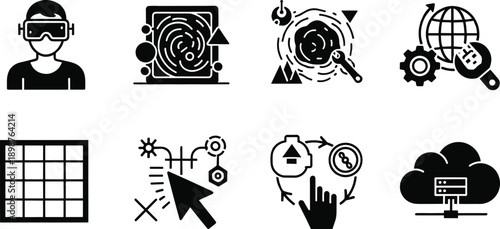 Black Vector Icon Set Featuring Virtual Reality Metaverse Concepts Fingerprint Security Global Network Repair Cloud Computing Data Storage and Digital Technology Symbols