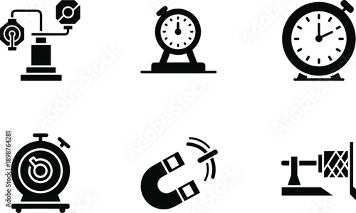 Black Vector Icon Set of Precision Measurement Tools Including Gauges Stopwatches Magnets and Laboratory Scientific Instruments for Physics Engineering and Research Design