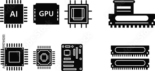 Black Vector Icon Set of Computer Hardware Components Including AI Processor GPU Microchip RAM Memory Modules and Motherboard for Technology Design Projects