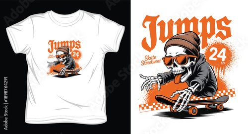 Skeleton character riding skateboard wearing beanie and sunglasses vintage street style t-shirt design graphic