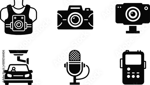 Professional Media Equipment Icon Set Featuring Action Camera Body Cam Dashcam Microphone and Digital Voice Recorder Flat Black Vector Illustrations for Vlogging