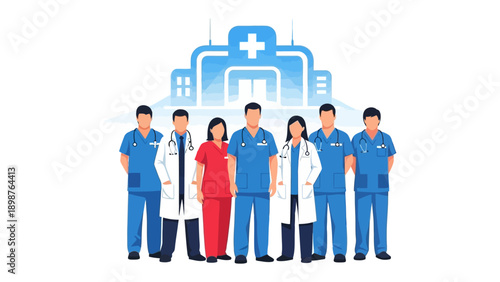 Healthcare Heroes United: A team of medical professionals stand united, showcasing the pillars of compassion and expertise within the healthcare environment.