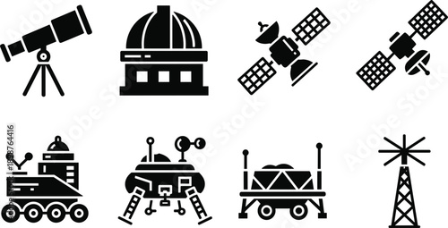 Space Exploration Icon Set Featuring Telescope Observatory Satellite Moon Rover and Research Equipment Flat Vector Illustrations for Astronomy and Science Education Apps