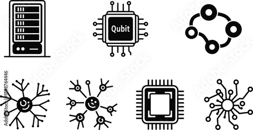 Quantum Computing and Artificial Intelligence Icon Set Featuring Qubit Processor Neural Networks Server Rack and Microchip Flat Black Vector Illustrations for Technology