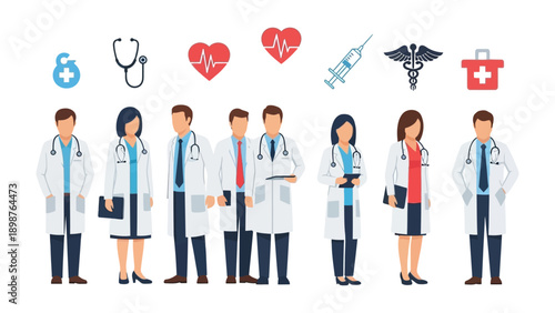 Medical Professionals at a Glance: A group of dedicated healthcare workers are depicted, showcasing medical icons, reflecting expertise and care. 