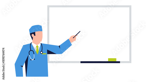 Medical Presentation: A doctor in uniform stands confidently before a blank whiteboard, ready to explain with his presentation, conveying knowledge and expertise.