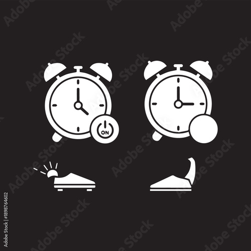 Set of alarm clock icons with related items on dark background for design projects.