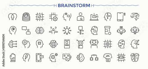 Brainstorm icon set. Thin line icons set. Includes thin line symbols psychology, mental, intelligence, mind, head, ai. Art and illustration. Head icon set.