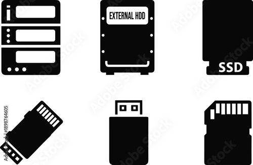 Digital Data Storage Icon Set Featuring External Hard Drive SSD Solid State Drive USB Flash Drive SD Memory Card and Server Rack Hardware