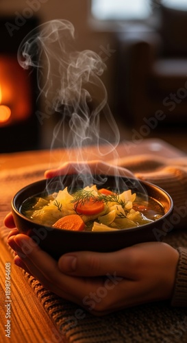 hands holding hot bowl of steaming vegetable soup in cozy living room setting with warm lighting