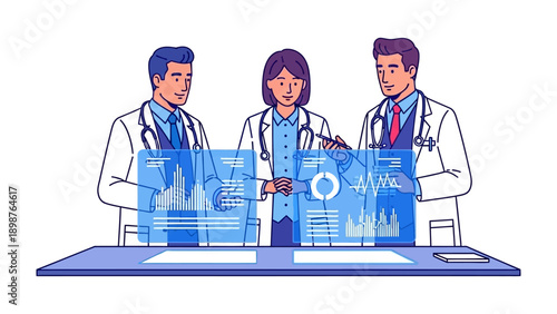 Medical Minds at Work: Three medical professionals in lab coats collaborate intently, analyzing data on transparent screens, showcasing modern healthcare