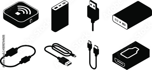 Isometric Vector Icon Set of Mobile Charging Accessories Featuring Power Bank USB Cables Wireless Charger Pad and HDMI Adapters for Digital Devices