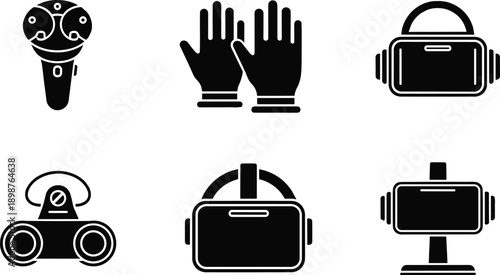 Virtual Reality Hardware Icon Set Featuring VR Headsets Motion Control Gloves Haptic Feedback Devices and Augmented Reality Glasses for Metaverse and Gaming Concepts