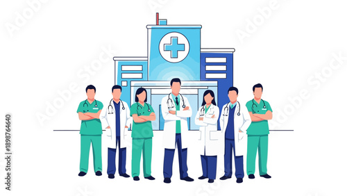 Medical Professionals United: A dedicated team of healthcare workers stands confidently in front of a modern hospital, embodying expertise and compassion.