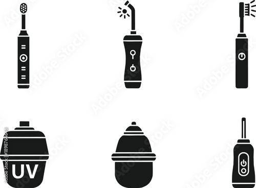 Electric Toothbrush and Dental Care Icon Set Featuring Ultrasonic Toothbrushes UV Sanitizer Device Water Flosser and Oral Hygiene Technology for Healthy Teeth