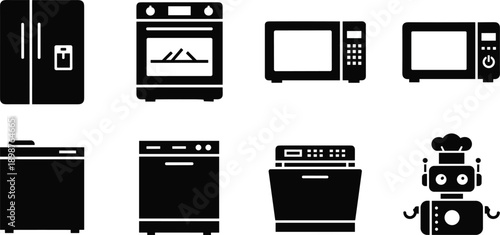 Kitchen Appliance Icon Set Featuring Modern Refrigerator Oven Microwave Dishwasher Washing Machine and Smart Cooking Robot for Home Interior Design Concepts