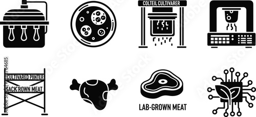 Cultivated Meat and Lab Grown Protein Icon Set Featuring Bioreactor Petri Dish Synthetic Steak Cellular Agriculture Technology and Future Food Production Concept