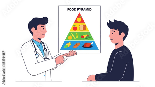 Healthy Eating Advice: A medical professional consults with a patient, highlighting the principles of healthy eating via a food pyramid, fostering dietary awareness and healthy lifestyle decisions.