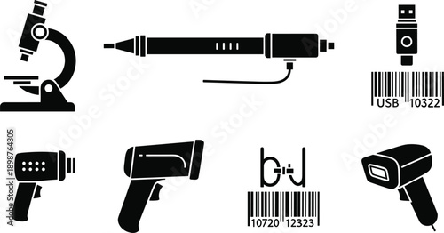 Scientific Laboratory and Retail Scanning Icon Set Featuring Microscope Laser Pen Barcode Scanners Handheld Readers and USB Connectivity for Business and Research