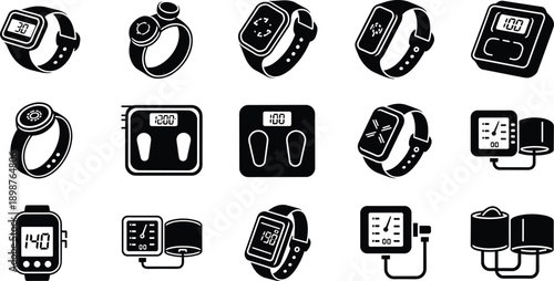 Wearable Health Technology Icon Set Featuring Smartwatches Biometric Blood Pressure Monitors Digital Scales Smart Rings and Medical Tracking Devices for Patient Monitoring