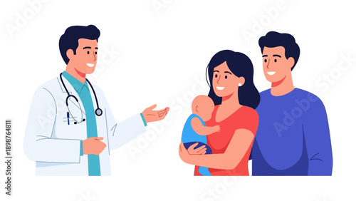 Parent and Baby Health Consultation: A dedicated doctor engages in a heartening consultation with a new parent couple and their infant. The scene exudes care, expertise.