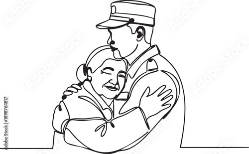 A man in uniform embracing a young girl, standing together in a warm and tender moment, drawn in a simple line art style from a close-up viewpoint