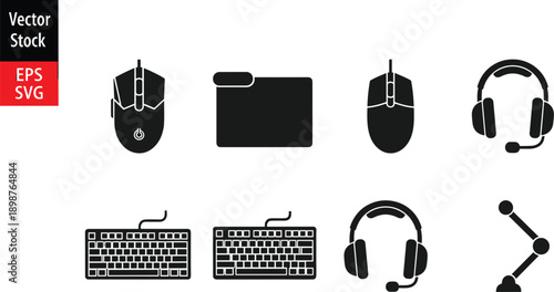 Digital Gaming Peripheral Icon Set Featuring Mechanical Keyboards Optical Mice Professional Headsets Wireless Microphone and Computer Hardware for Professional Workspace and Office