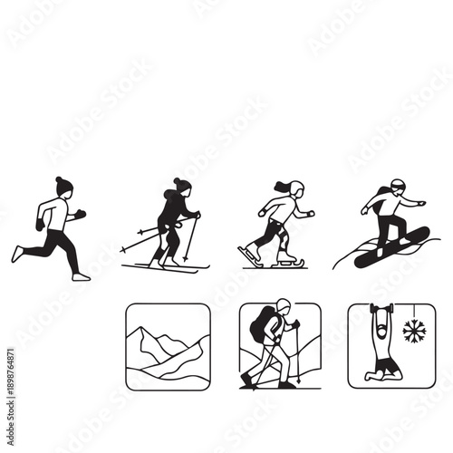 Series of outdoor sports silhouettes depicting running, skiing, snowboarding, hiking, and mountain landscapes.