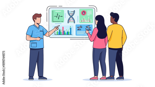 Medical consultation and data: In a modern medical setting, a healthcare professional points out insights from diagnostic tests displayed on a screen to two patients.