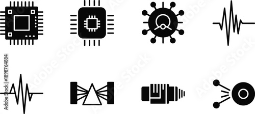 Digital Microchip Icon Set Featuring Computer Processors Circuit Boards Prism Light Sensors Pulse Waves and Electronic Components for Advanced Technology Hardware Infrastructure