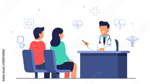 Consultation in healthcare setting: A doctor engages in a consultation with couple, offering advice and insights in a professional clinical setting.