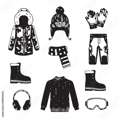 Collection of winter clothing and accessories including jacket, hat, scarf, gloves, boots, earmuffs, goggles and mittens.