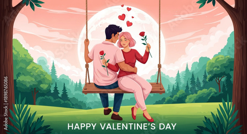 Romantic Couple on a Swing Illustration. Happy Valentine's Day Vector with Loving Couple. Valentine's day greetings card, banner. Flat Vector Illustration of a Romantic Date Scene.