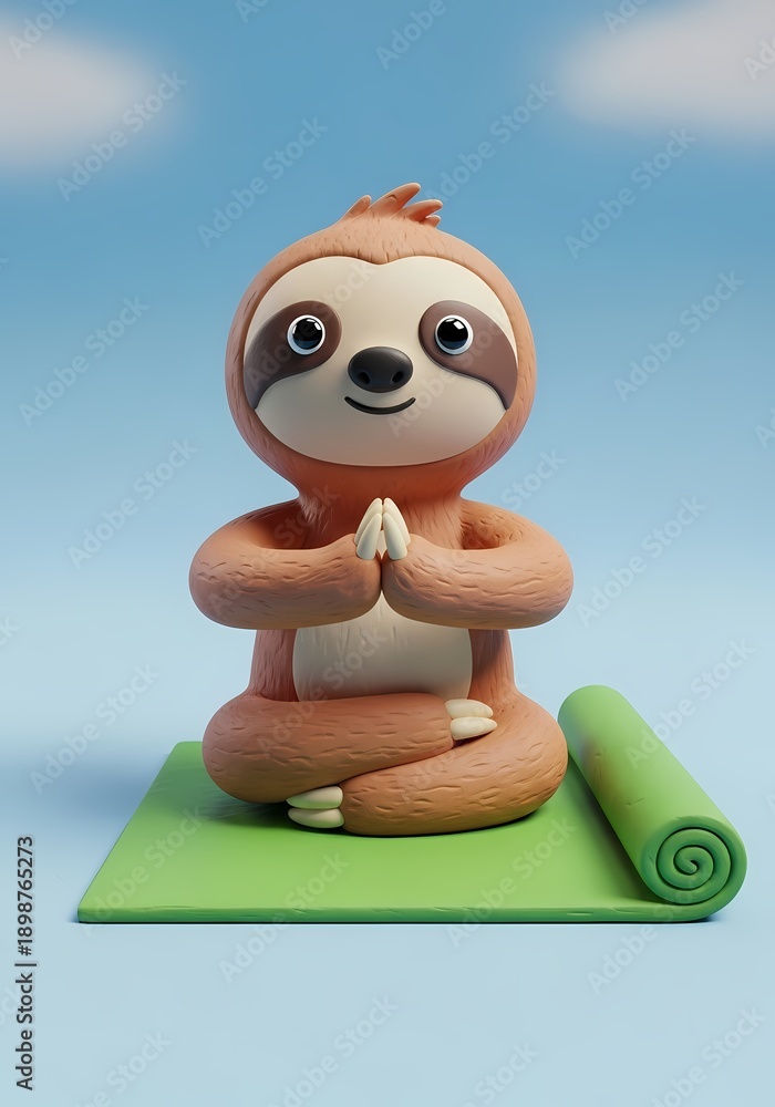 Fototapeta premium 3D Clay Style Meditating Sloth Character on Yoga Mat Illustration