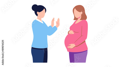 Supporting Motherhood: Illustration showing a gesture of care and support as one person stands by a pregnant woman, offering comfort and well wishes.
