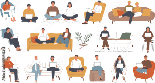 Large Vector Set of Diverse People Sitting on Sofas and Chairs Working on Laptops in Flat Minimalist Style for Business,