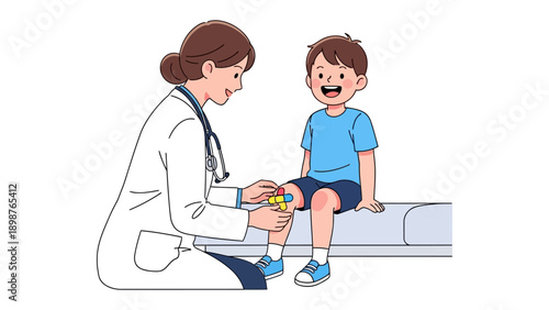 Health Examination: A friendly doctor uses a reflex hammer to conduct a medical check on a young patient, creating a reassuring atmosphere.