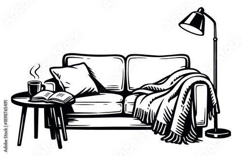 Hand drawn line art illustration of a cozy sofa setup depicting a comfortable corner with a book and mug for home relaxation