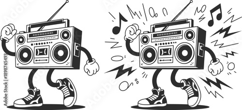Retro Boombox Radio Cartoon Music Illustration.