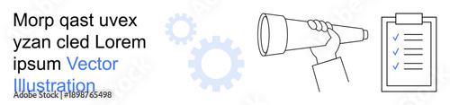 Business planning, goal setting, strategy development, project management, workflow optimization, future vision. Hand holding telescope and checklist with gears. Business planning and goal setting