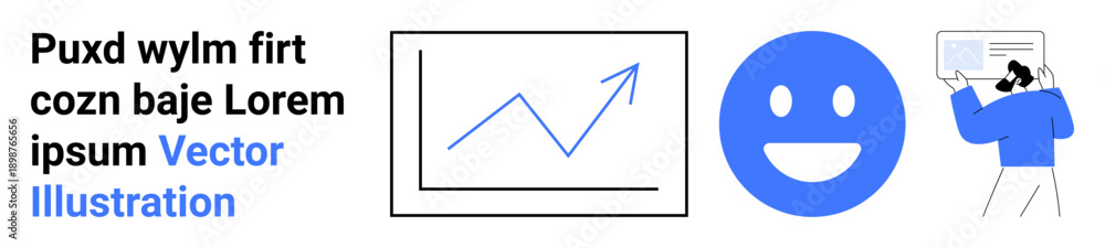 Fototapeta premium Business analytics, feedback evaluation, presentation design, corporate visuals, data sharing, team communication. Includes a growth chart, smiling face and presenter with a document. Business