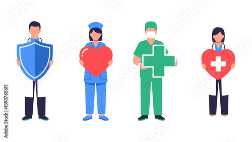Healthcare Heroes: A group of dedicated healthcare professionals, each holding symbolic elements of protection and care, stand united, showcasing the pillars of wellness and support. 