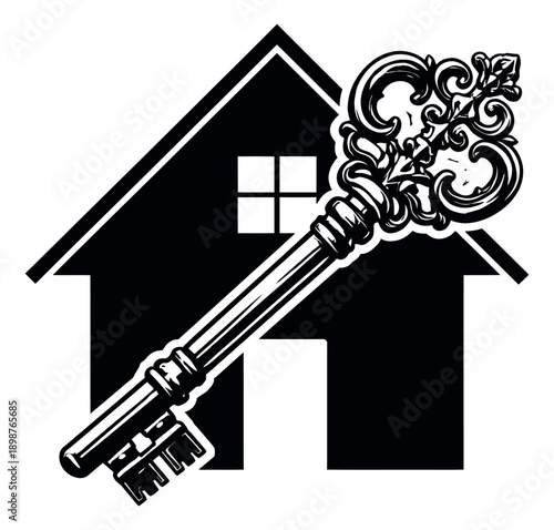 Stylized line art illustration of a house and an antique key depicting home ownership for real estate advertisement