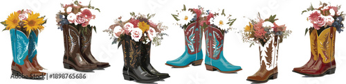 Rustic cowboy boots with floral bouquets, western wedding illustration, country lifestyle decor, vintage cowgirl fashion, floral arrangement, southern charm, ranch.