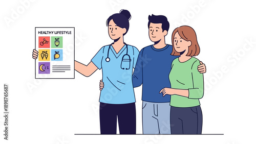 Healthy Lifestyle Consultation: A healthcare professional guides a couple through a personalized wellness plan, advocating for a balanced and active lifestyle.