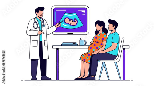 A doctor reviews ultrasound of patient: A doctor, with a stethoscope around their neck, is explaining the ultrasound to the expectant couple.