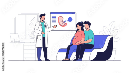 Prenatal Care & New Beginning: In a softly lit clinic room, a medical doctor discusses ultrasound results with an expecting couple, symbolizing the anticipation and care of pregnancy. 