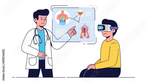 Virtual Reality Medical Examination: A doctor explains complex medical concepts using virtual reality for patient education, enhancing understanding of the human body.